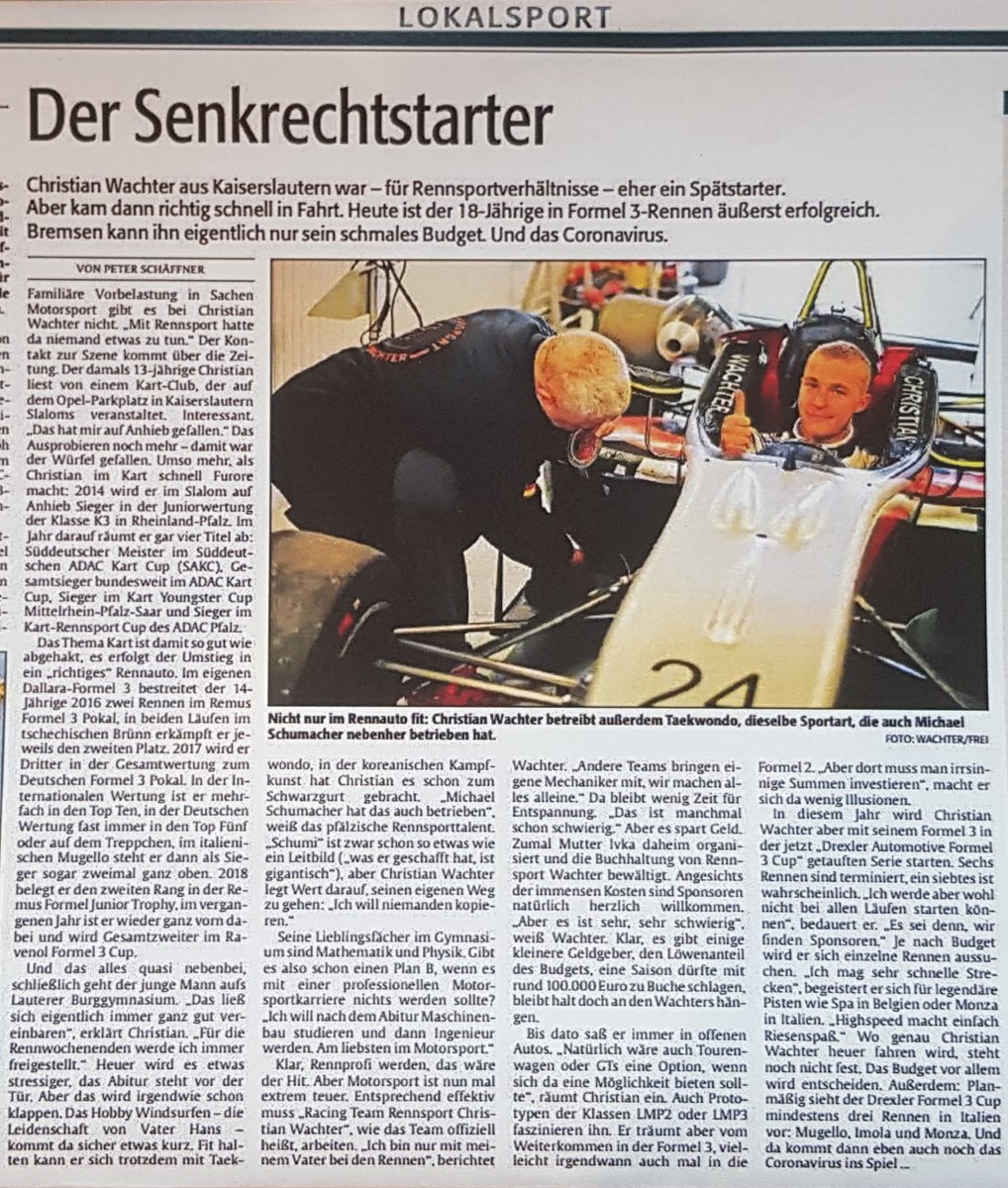RennsportWa's tweet photo. Heutiger Bericht in der Zeitung Rheinpfalz in Bezug auf meine kommende Motorsportsaison 2020 in der Formel 3 und meine Motorsportkarriere sowie meine größten Erfolge im Rennsport.
#ChristianWachter #RennsportWachterF3 #RennsportChristianWachter #FIAFormulaone #AFRPokale https://t.co/TUheJCXWd7