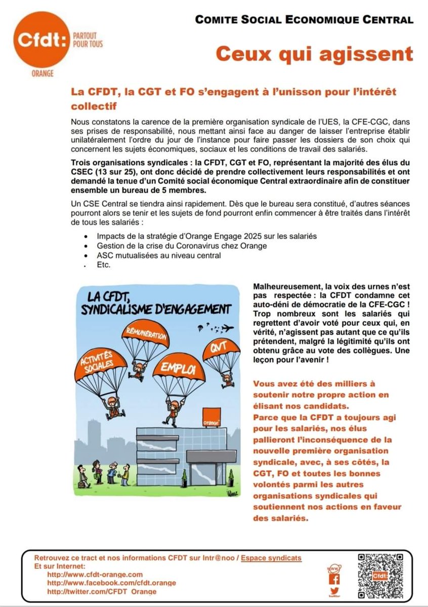 CFDT_Orange's tweet photo. ❗CSEC NEWS (CSE national)❗

➡️Devant l absurdité de la situation qui n'a que trop duré la #CFDT s'engage pour les salariés !
@CFDT_Orange, @CgtFaptOrange @FOcomOrange, ceux qui agissent! https://t.co/oULPhtUBbS