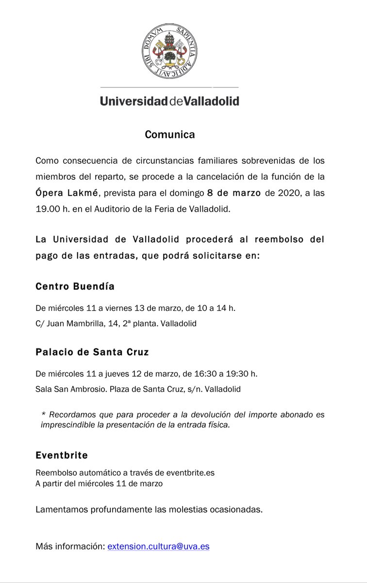 centrobuendia's tweet photo. ¡Urgente!

Por motivos familiares se cancela la función de la Ópera Lakmé, prevista para mañana 8 de marzo.

Más info en el comunicado adjunto: https://t.co/K2Gn2mO5sY