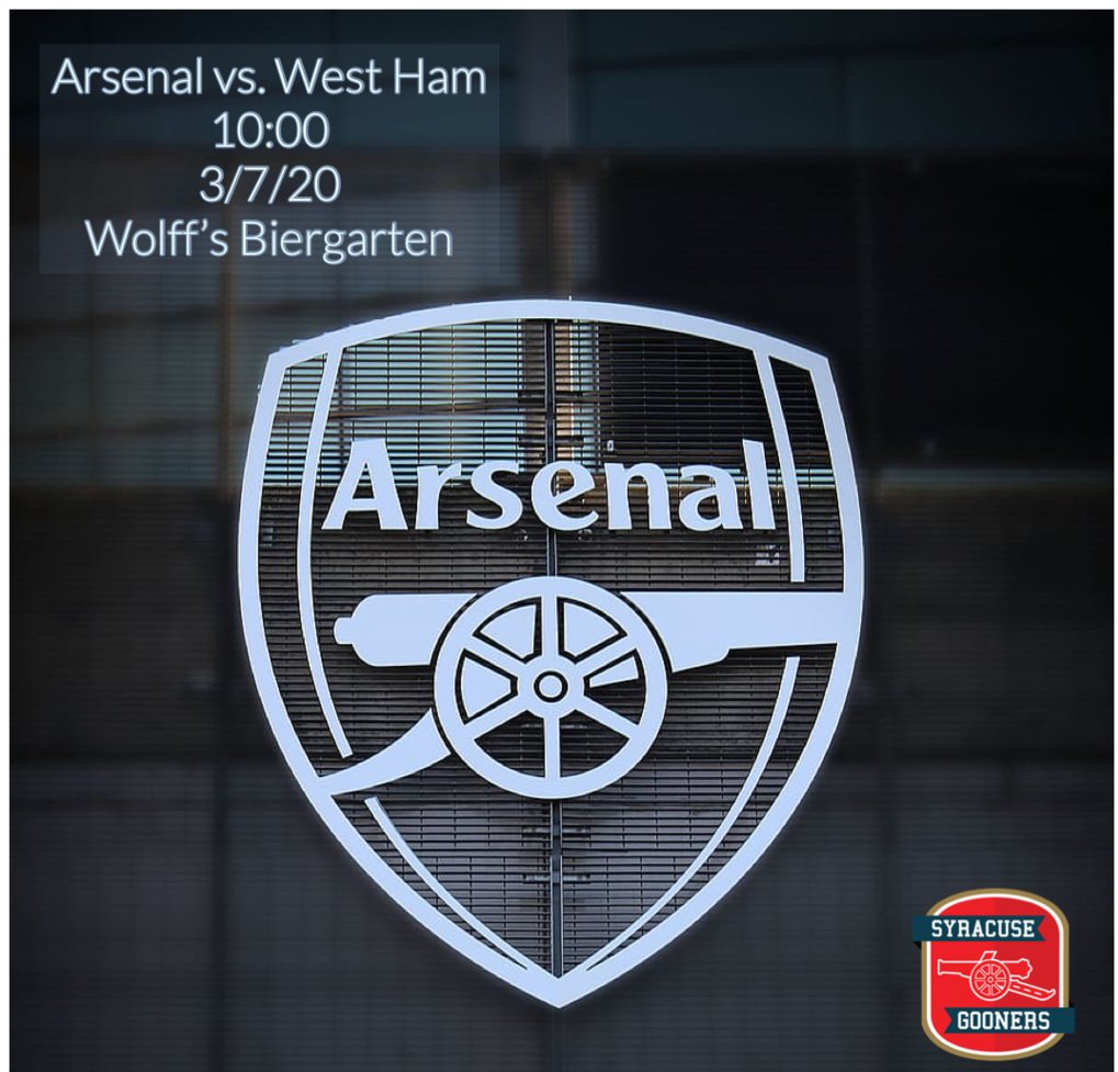 Syracuse Gooners (@cusegooners) on Twitter photo 🚨 ⚠️ T-minus 2 hours. See you at the Biergarten for #ARSWHU 🔴⚪️
⚽️ 10:00
🗓 Saturday, 3/07
🍺 <a href="/WolffsBiergartn/">Wolff's Biergarten</a> 🚨 ⚠️ T-minus 2 hours. See you at the Biergarten for #ARSWHU 🔴⚪️
⚽️ 10:00
🗓 Saturday, 3/07
🍺 <a href="/WolffsBiergartn/">Wolff's Biergarten</a>