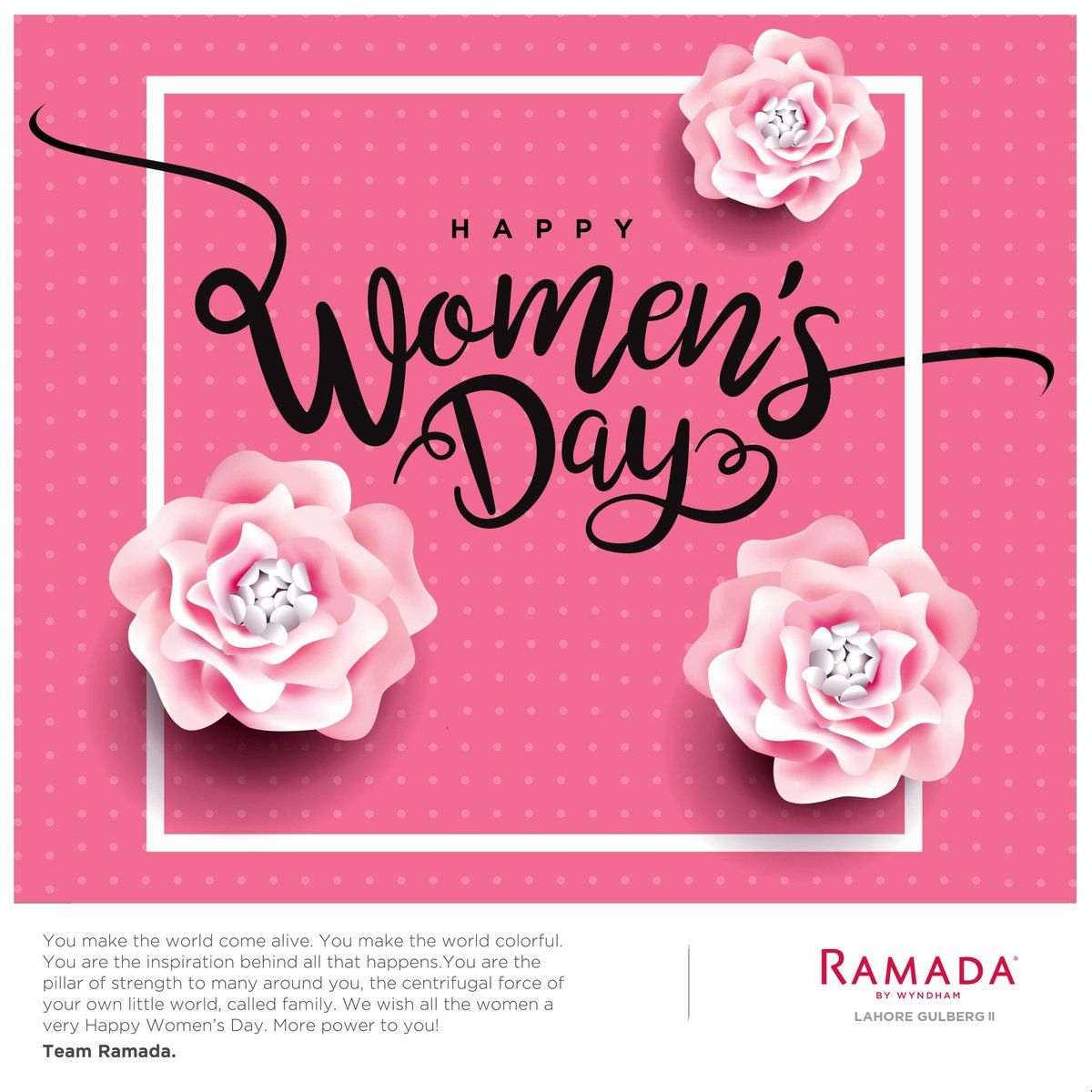 RamadaLahore's tweet photo. Team Ramada wishes all the women, in the world, a very Happy Women's Day. 
More power to you!
-
Opening soon in Gulberg II, Lahore.
Location: https://t.co/rHimBaznFJ
-
https://t.co/IOECzUnlRP
-
#RamadaLahore #RamadaGulbergLahore #RamadaLahoreGulberg #Ramada #SayHellotoRed https://t.co/XGCbbKetyR
