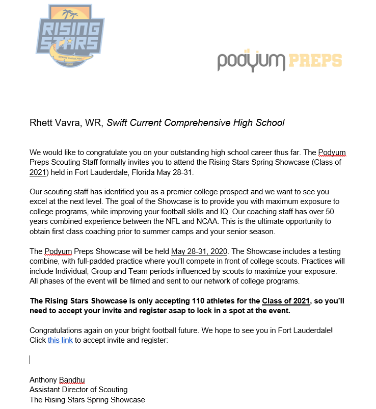 RhettVavra's tweet photo. I would like to thank @PodyumPreps for the Rising Stars Spring Camp invite. Pretty cool opportunity. https://t.co/lWHhx7OgR2