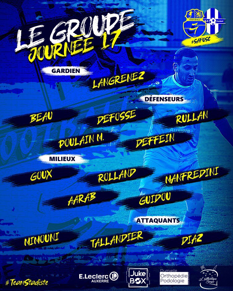 StadeAuxFoot's tweet photo. 👥 Le groupe retenu par Lionel Mathis pour affronter l’U.S. Charitoise Football  ce dimanche à 15h00 

#SAFUSC #TeamStadiste https://t.co/nbn0qRg0Pw