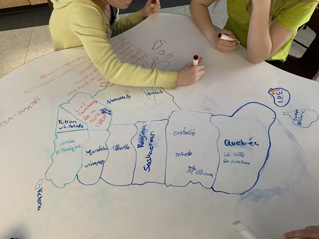 Mme_Pilon's tweet photo. As we are exploring Canadian History and the changes the map of Canada has underwent, students were challenged to create the map of Canada in their table groups labelling all provinces, capitals, territories and oceans @alcdsb_mich #ALCDSB #alcdsbfsl https://t.co/mRNSmvwRgY