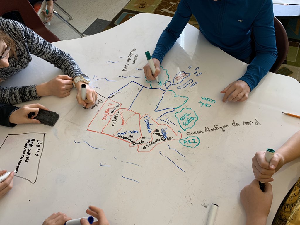 Mme_Pilon's tweet photo. As we are exploring Canadian History and the changes the map of Canada has underwent, students were challenged to create the map of Canada in their table groups labelling all provinces, capitals, territories and oceans @alcdsb_mich #ALCDSB #alcdsbfsl https://t.co/mRNSmvwRgY