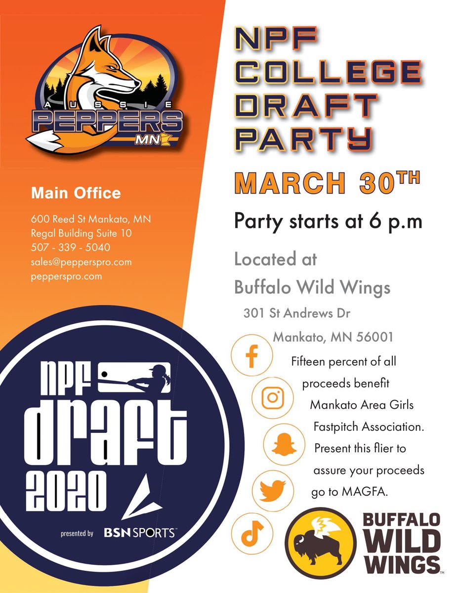 March 30th we have the 2nd overall pick in the NPF draft and we want to share the experience with you! Join us at <a href="/BWWings/">Buffalo Wild Wings</a> Mankato to watch the draft and raise money for the <a href="/Mankato_Peppers/">Mankato Peppers</a> organization! Mark your calendars and get ready for a party!