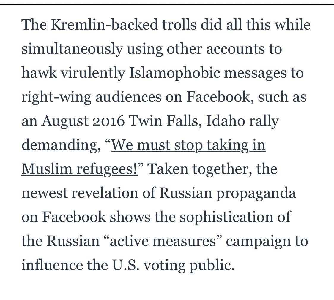  IOW just as the Russian bot farmers’ objective in ‘16 was to spark division amongst Black people and incite White supremacists, they were ALSO sparking division amongst Muslim people and inciting White supremacists.  https://www.thedailybeast.com/exclusive-russians-impersonated-real-american-muslims-to-stir-chaos-on-facebook-and-instagram  #FoilPlay  #RussianAssetBehavior  #Bros