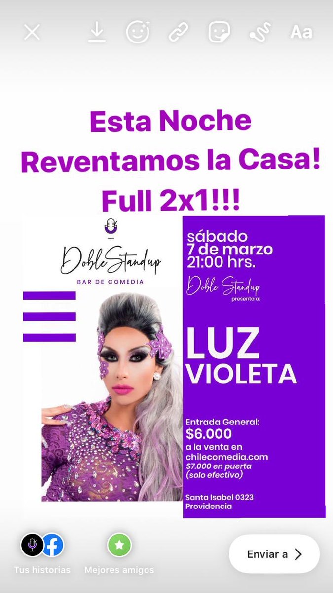 doblestandup's tweet photo. @LuzVioletaDrag se rajo hoy!! 2x1!!!! Los esperamos en #doblestandup en santa Isabel 0323, providencia https://t.co/nxrqeYYhUR