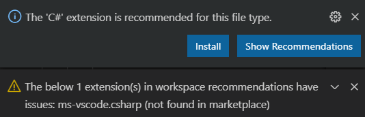 devlead's tweet photo. 🤔PSA: @code C# extension has changed its name from "ms-vscode.csharp" to "ms-dotnettools.csharp", this means all extensions depending on it needs to be updated and all repositories with extension.json containing

"recommendations": [
    "ms-vscode.csharp"
 ]

#dotnet #csharp https://t.co/RNCYDWYq5g