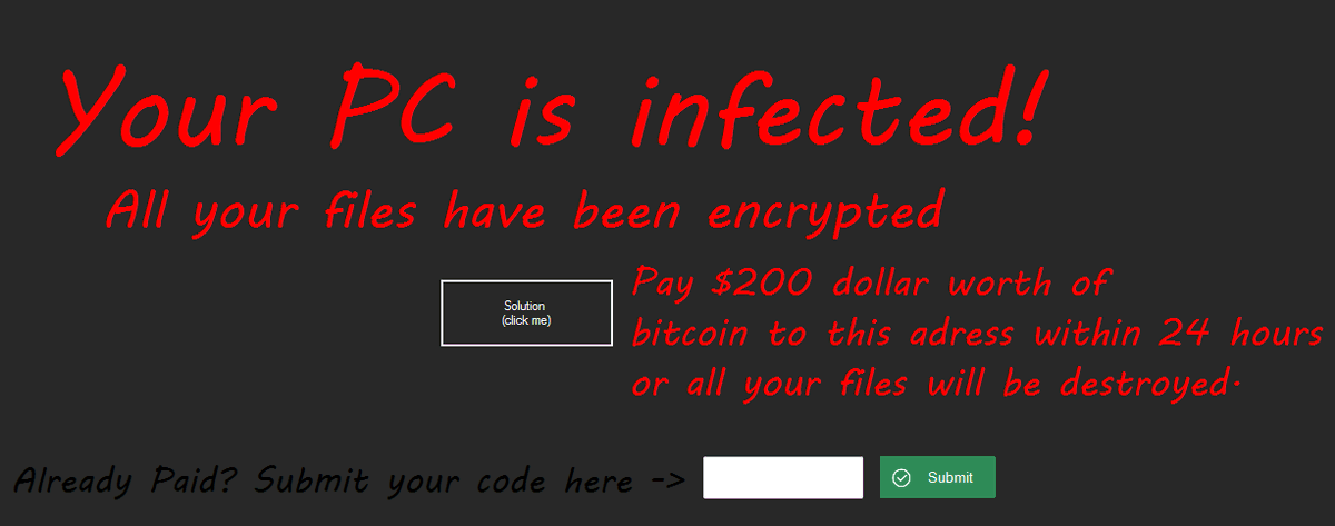 malwrhunterteam's tweet photo. A sample of something called "ransomlol": c059c754159cadf09d642fd2dab8caa7f4d57fd9c2e419156d032e7473c95dd9
PDB: "C:\Users\Gebruiker\source\repos\ransomlol\ransomlol\obj\Debug\ransomlol.pdb"
Not encrypts.
Unlock code: "308726193846"
@demonslay335 https://t.co/zeXhoxlx9j