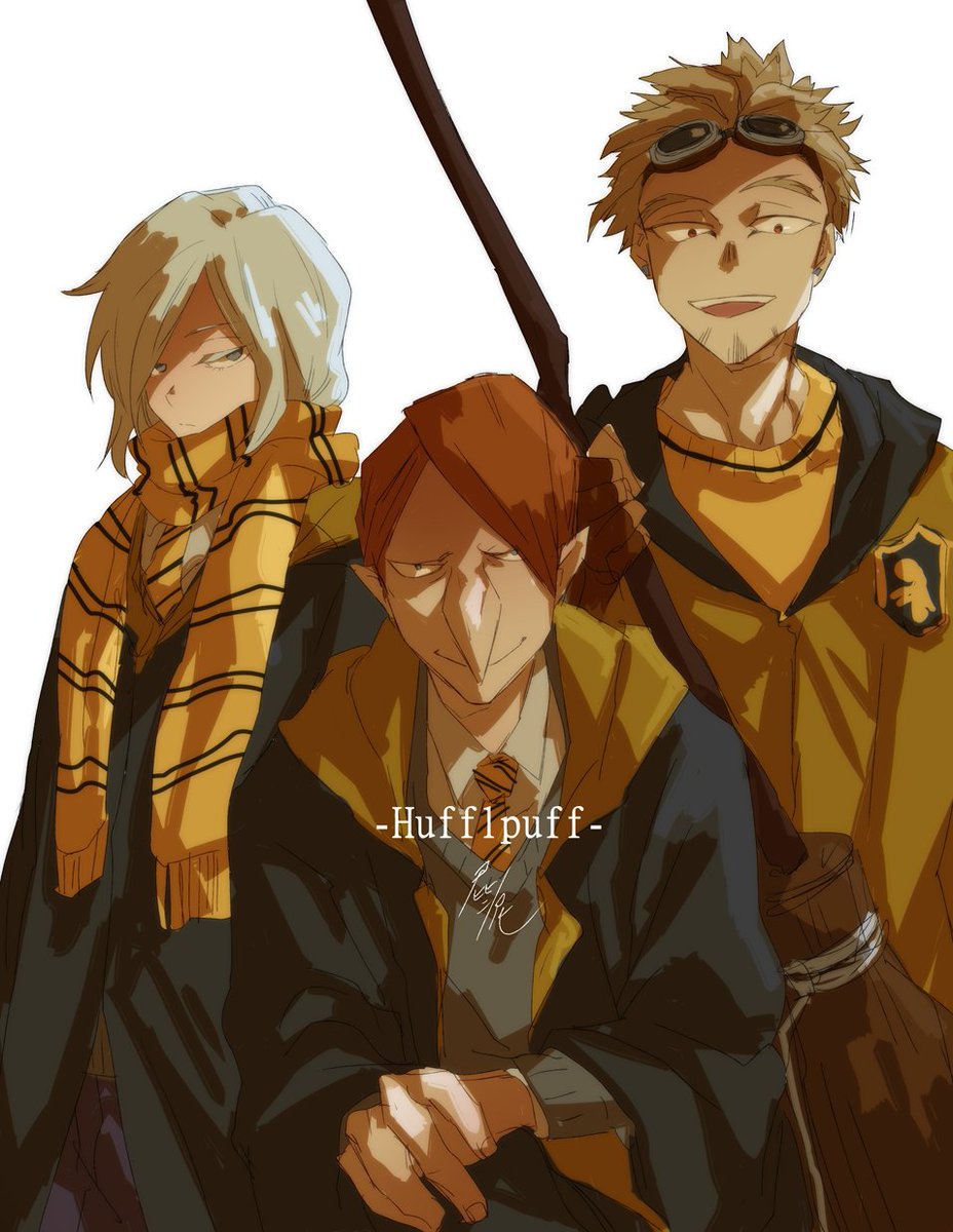 toga himiko 1girl multiple boys hogwarts school uniform school uniform yellow eyes smile blonde hair  illustration images