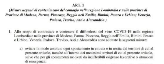 +++++++ 🔴 ULTIM’ORA CORONAVIRUS, IN ARRIVO LA “CHIUSURA” DELLA LOMBARDIA E DI VARIE PROVINCE DI VENETO, EMILIA-ROMAGNA, PIEMONTE, MARCHE +++++++

Vietato entrare e uscire, se non per gravi e indifferibili motivi
