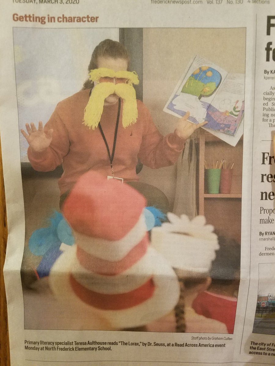 FCPSAulthouse's tweet photo. On the front page of the Frederick News Post doing one of my favorite things. Reading to kiddos! And in this fabulous outfit 🤣 #NFESFalcons #ReadAcrossAmerica https://t.co/Wh9yOTIRKo