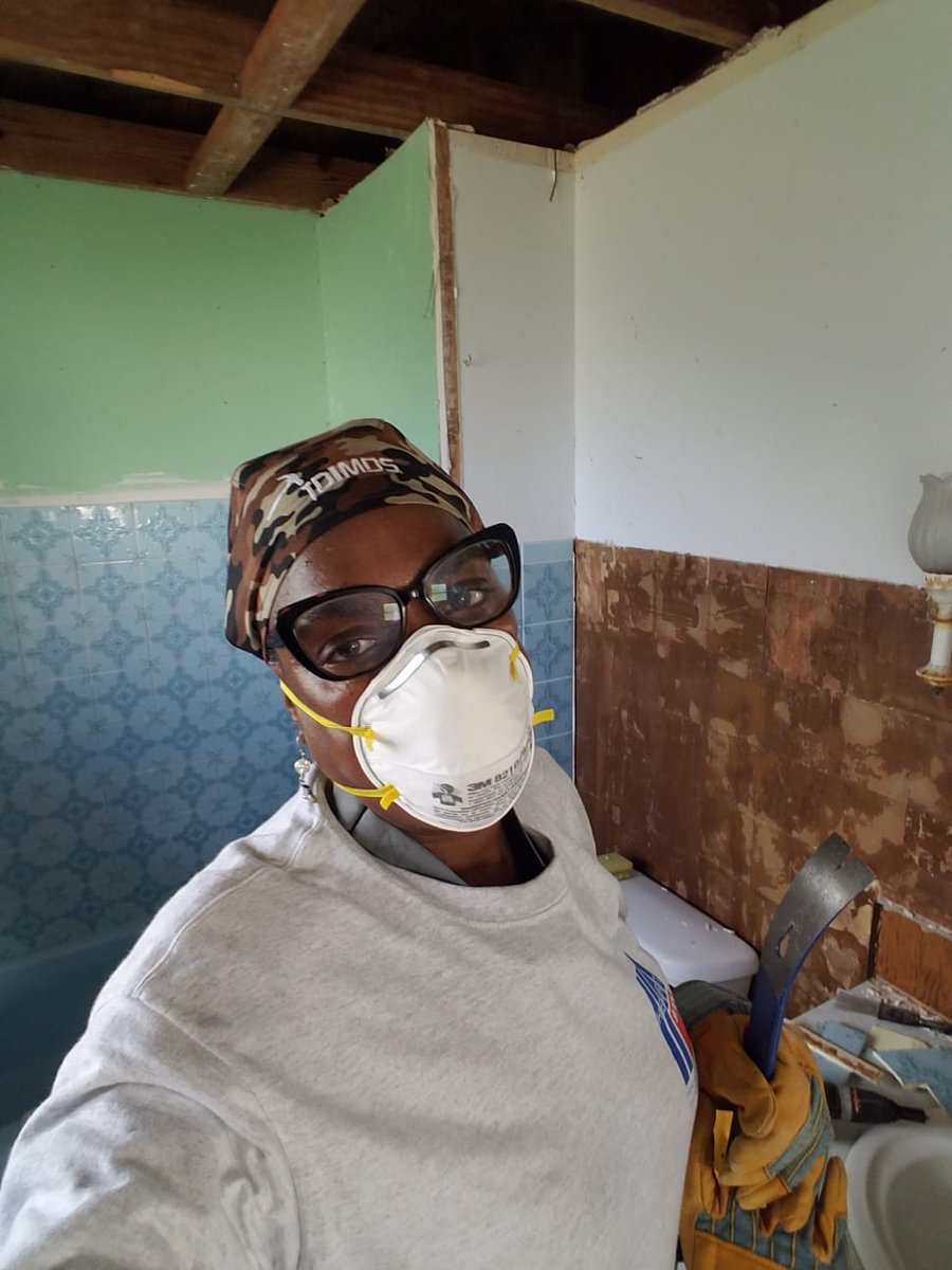 heart911team's tweet photo. HEART 9/11 #HurricaneDorian Response Team 24 works on 3 damaged homes in Freeport stripping bathrooms - pulling tile and sheetrock off the walls. Six months after the storm devastated the island there is still much work to be done. #RebuildBahamas https://t.co/cPD6xjPt6V