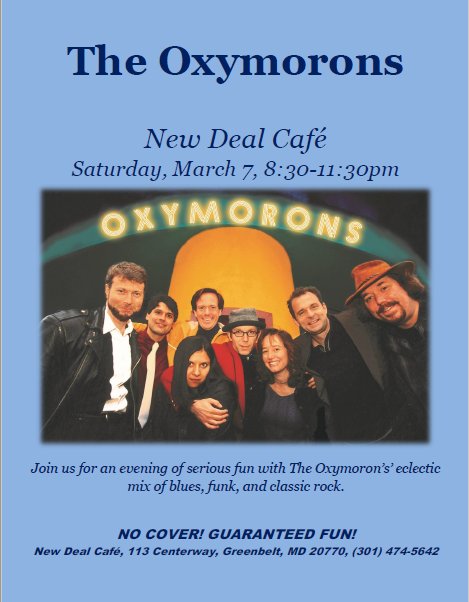 theoxymorons's tweet photo. Come see @theoxymorons tonight! @TheNewDealCafe in Greenbelt, MD. No cover, great music, food, drink, dancing. Call (301)474-5642 to reserve a seat! https://t.co/l7K2DA3TFS