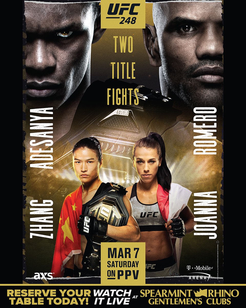 rhinopalmbeach's tweet photo. TONIGHT! UFC 248
Two Title Fights
Zhang VS. Joanna
Adesanya VS. Romero
You Don't Want To Miss Out!
#Spearmint #Rhino #Style #Girls #UFC #UFC248 #MMA #PPV #VIP #BottleServices #Drinks #NightLife #BestClubInTown #GentlemensClub #WPB https://t.co/qXT9z6MIZ4