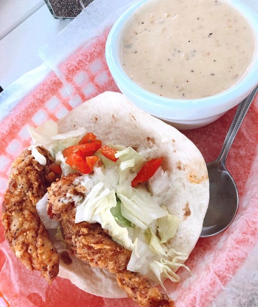 Mexican meets a taste of the South with our Fried Chicken Taco and Shrimp and Corn Chowder! 📷 @gimmethedish