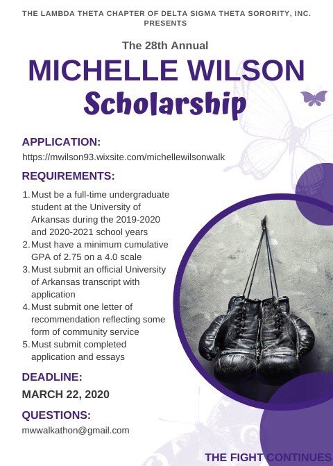 The Lambda Theta Chapter of Delta Sigma Theta Sorority, Inc. invites University of Arkansas undergraduates to apply for the 2020 Michelle Wilson Scholarship Award! To access the application, please visit

mwilson93.wixsite.com/michellewilson… 💜