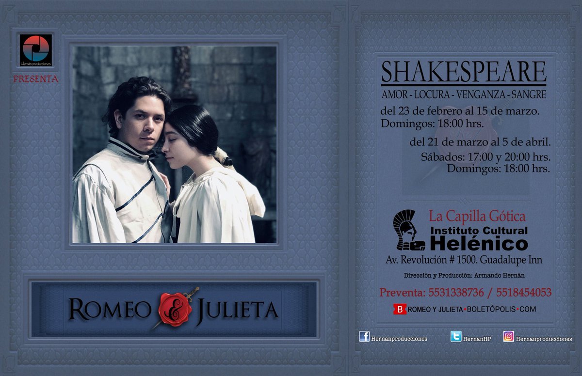 Porque Shakespeare siempre será un clásico que nos muestra cómo somos. Amigas y amigos, tomen nota y aparten en sus agendas las fechas de Romeo y Julieta una producción de <a href="/HernanHP/">Hernan Producciones</a>