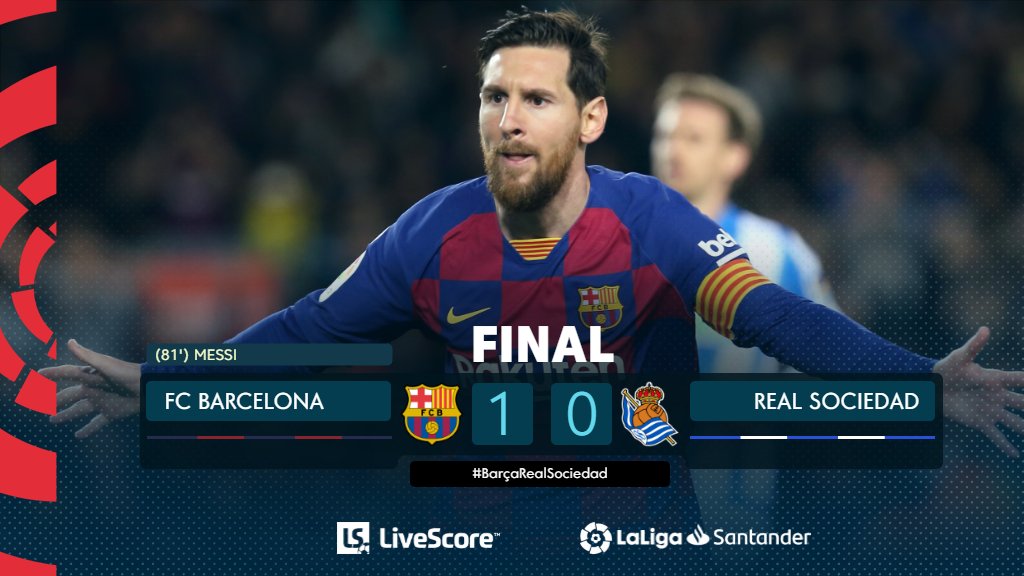 SPORTSCOREID's tweet photo. @LaLiga 58 FINAL 
81"⚽Messi 7.8 💪😎😎
Gol 19
Assst 3
#BarcaRealSociedad 1-0 
🏟Camp Nou 77:83 
@beINSPORTSid https://t.co/CMO44vFS5l