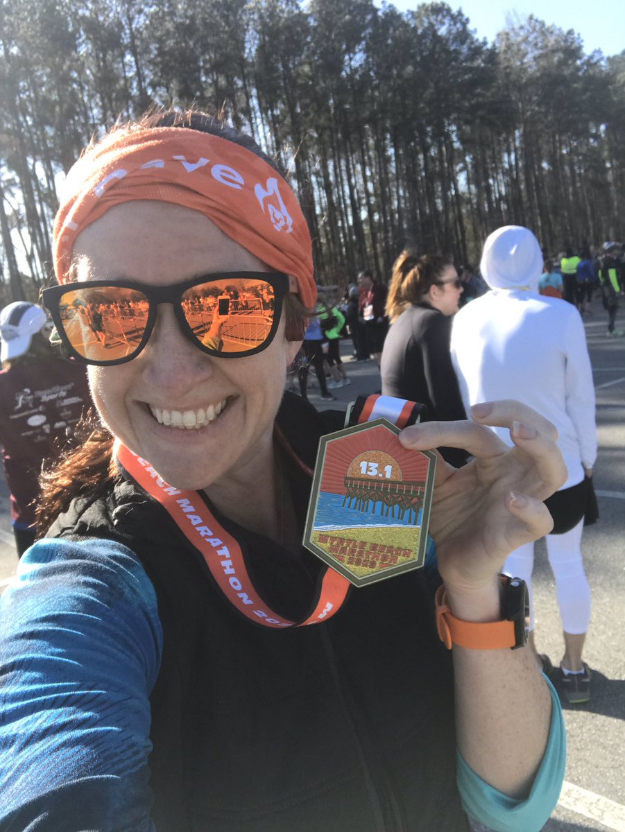 RunNerdGirl's tweet photo. Despite being from there, today was my first time running the @MBMarathon Half. It was chillier than I like. And windy AF. And I’ve not trained proper. But managed to squeak a PR of 34 sec for a 1:56:16 finish. Plus always a party with my crew, several of which also PRed. #runmb https://t.co/hZh8ppcwdf