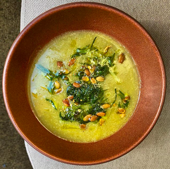 Potato and green garlic soup with nettle pistou and crushed pumpkin seeds. #springmenu #comingsoon #lucques <a href="/SuzanneGoin/">Suzanne Goin</a> <a href="/styneonwine/">Caroline Styne</a> lucques.com
