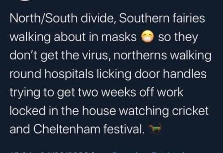 TheBryanFerret's tweet photo. #coronvirusuk #CheltenhamFestival #NorthSouth https://t.co/iZRm2q97p1
