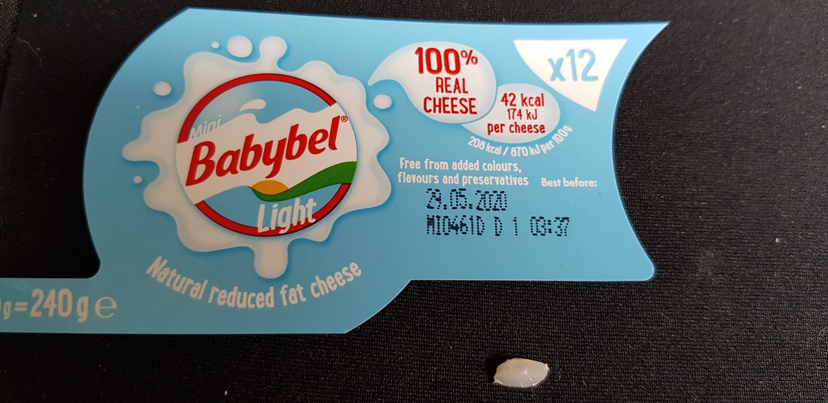 MSznBC's tweet photo. @Babybel_UK I am a fan of your BabyBel Light - eating them daily as part of a healthy eating plan. I have bought a pack today and in eating one bit into a piece of hard white plastic (see image botton right with label). Thought you should be aware. https://t.co/cdIpvS3QZ3