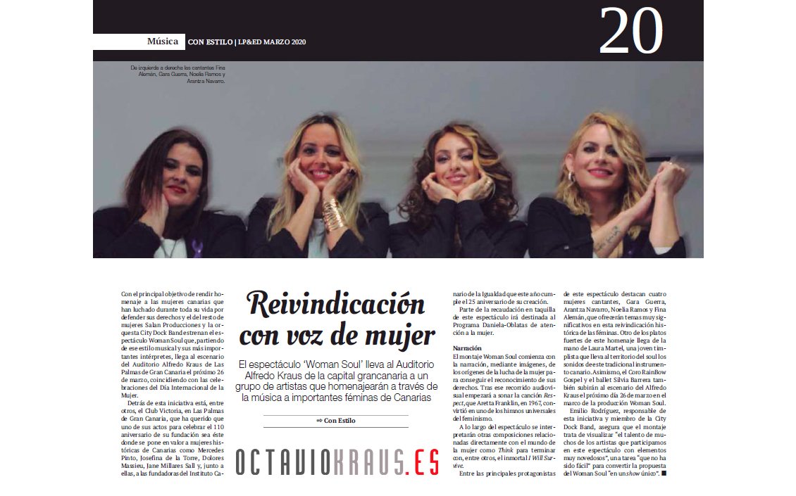 OutletForAll's tweet photo. Hoy Estamos en la Revista "con ESTILO" de La Provincia, pag. 20, Foto de Octavio Kraus

Reivindicación con voz de mujer

#AlmadeMujer #CityDockBand #LaPronvincia #Concierto #Evento #AuditorioAlfredoKraus #Auditorio #LasPalmas #GranCanaria https://t.co/5ubzr2FR58