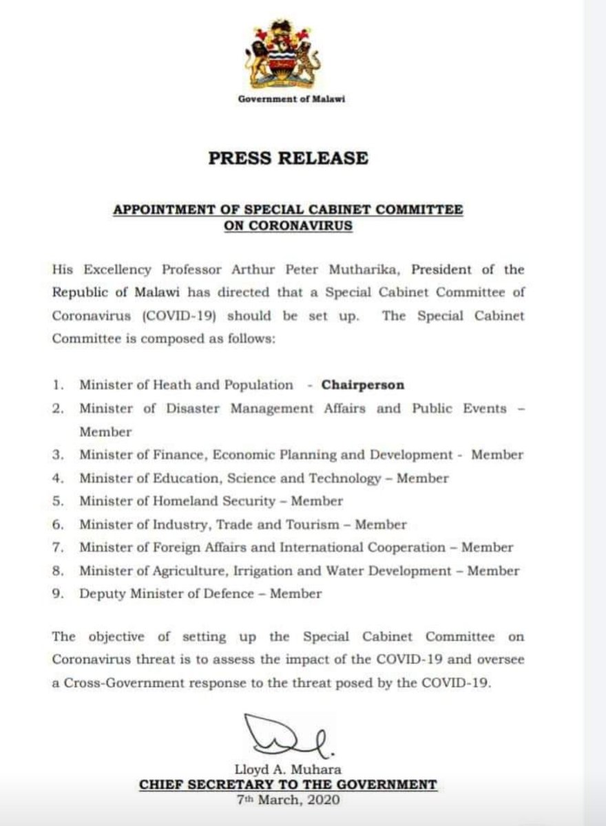 Malawi Government Auf Twitter Press Release Appointment Of