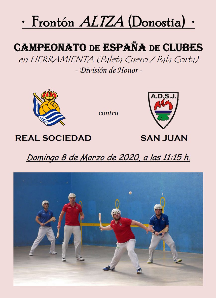 Cto. España <a href="/fepelota/">FEPelota</a> Jornada8
#clubesF36m #Herramienta

<a href="/RealSociedad/">Real Sociedad Fútbol</a> vs <a href="/ADSanJuanDKE/">AD San Juan</a>