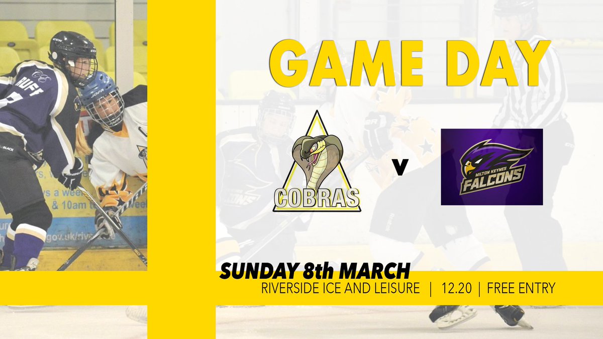 GAME DAY TOMORROW! 

Home game at Riverside Ice and Leisure tomorrow! Come down and support the Cobras as they take on the MK Falcons for their first meeting of the season! 

Free entry! 🐍🏒 

#cobrasicehockey #essexsport #womenshockey #sportessex #femalesport #wnihl #premier