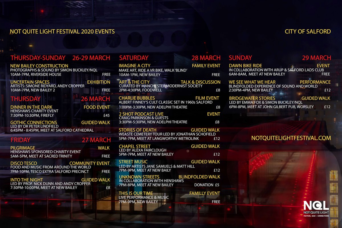 NotQuiteLight's tweet photo. 26-29th March 2020 the award winning Not Quite Light Festival. See event list & book tickets now... https://t.co/oV6xdD7sH5
Lots to choose from including family friendly events, guided walks, exhibitions, live performance. Art, debate, music & architecture. #NQL2020 #Salford https://t.co/Zca9emf2bs