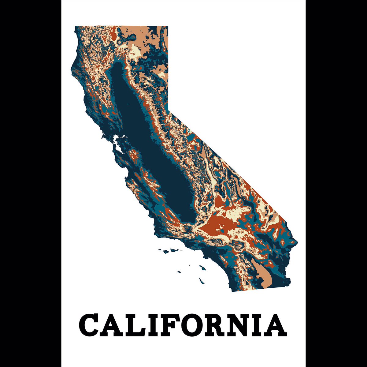 Artistic #map of the topography of #California. 1000 ft contours, 5 repeating colors. Find more states at beatnikprints.com/state-wide-maps