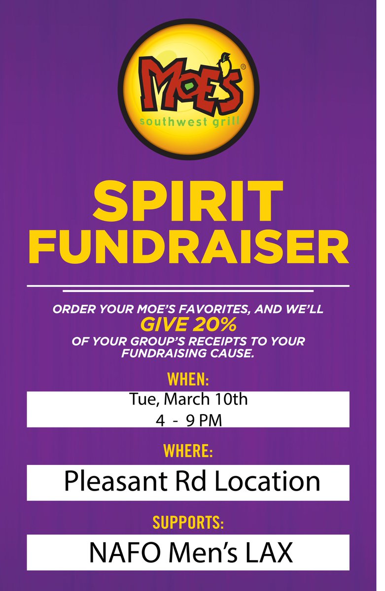 Mrs_C19's tweet photo. @NAFO_Lacrosse Come support our Moe's Spirit Night Tue, Mar 10th.  20% of receipts come back to NAFO Men's LAX https://t.co/cQgMMA1Nuu