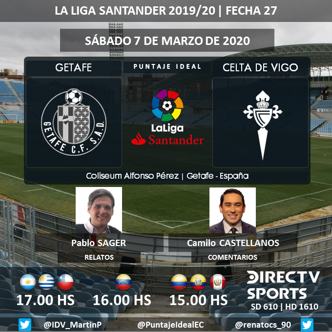 PuntajeIdealEC's tweet photo. ⚽ #LaLigaSantander 🇪🇸 | @GetafeCF vs. @RCCelta 
🎙 Relatos: @Relatasager 
🎙 Comentarios: @CastellanosCami 
📺 @DIRECTVSports (610 - 1610) Sudamérica 
💻📱@DIRECTVGO - #DIRECTVPlay
🤳 #FutbolEnDIRECTV - #GetafeCelta 
Dale RT 🔃 https://t.co/EHO2fpGIvL
