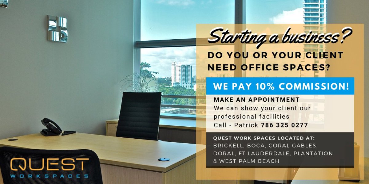 active_agent's tweet image. Starting a business?
We pay 10% commission!
📞 Call - Patrick 🤙786 325 0277
#questworkspaces #quest #office #beautiful #coworking #virtualoffice #bestplacestogo #business #Flordia #Brickell #Boca #CoralGables #Doral #FtLauderdale  #virtualofficemiami #virtualoffices