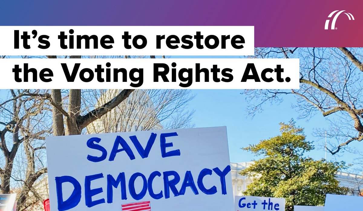 Graphic reads "It's time to restore the Voting Rights Act" and includes a photo from a protest outside the U.S. Capitol. The sign reads "Save Democracy."