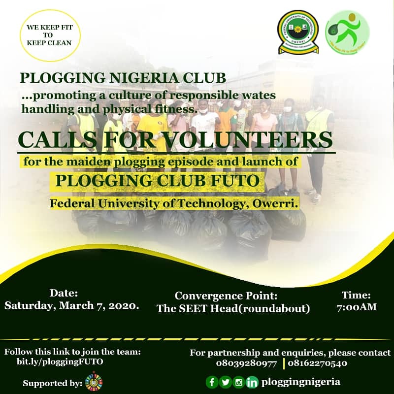 ploggingnigeria's tweet photo. Our 16th club was successfully launched today at the Federal University of Technology, Owerri, Imo State. @FUTO_Official
#PloggingClubFUTO
#PloggingNigeria
#WeKeepFitToKeepClean
#FitPeopleInCleanCommunities https://t.co/9lBJpHiIhv