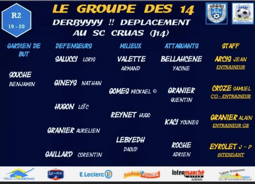 ASSAFAUBENAS's tweet photo. #SENIORS 1 ⚽️💙🤍
👥🚌 Voici le groupe des 14 joueurs qui se déplacent à Cruas pour le derby ardéchois ce soir🔥🔥💪

J14 R2 🔜 SC CRUAS 🆚 ASSAF à 19h00

Bon match à nos joueurs, force à eux pour remporter le derby ✌️ https://t.co/wd9pyXugVv