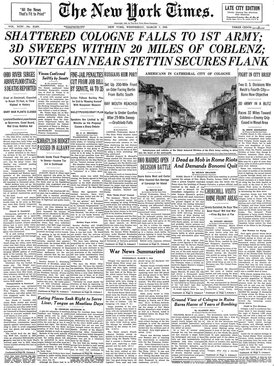 Mar. 7, 1945: Shattered Cologne Falls To 1st Army; 3D Sweeps Within 20 Miles Of Coblenz; Soviet Gain Near Stettin Secures Flank  https://nyti.ms/3cE9OKD 