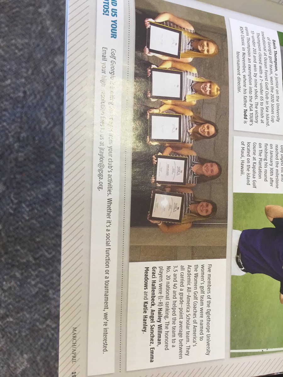 GoPetrelsMGolf's tweet photo. ⁦@OglethorpeUniv⁩ Women’s Golf team members featured in the March/April 2020 @GSGA⁩ Golf Magazine. A school record 5 ⁦@OUWgolf⁩ including ⁦@haileywilcat⁩ ⁦@hallenbeck_g⁩ ⁦@angelsanchezv⁩ Emma Meadows &amp; Katie Hanley earned ⁦@WGCAGOLF⁩ honors https://t.co/7jHdqecvv8