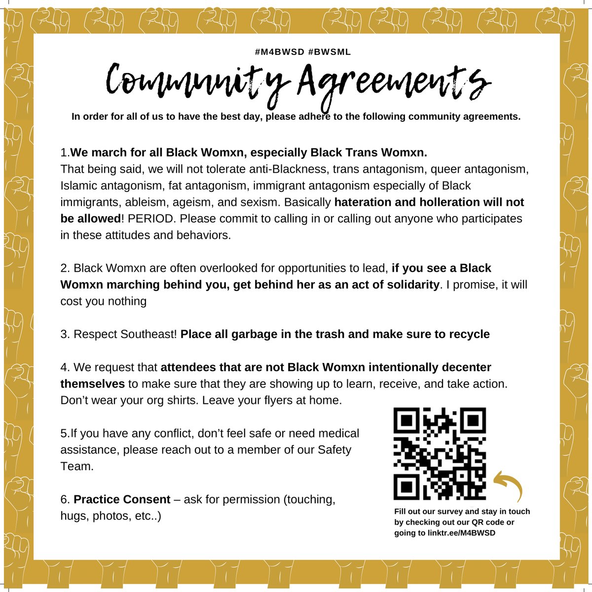 We have established these community guidelines to determine how we will respect, share space and be in community with each other at #M4BWSD. If you are going to join us, be prepared to respect these community guidelines.