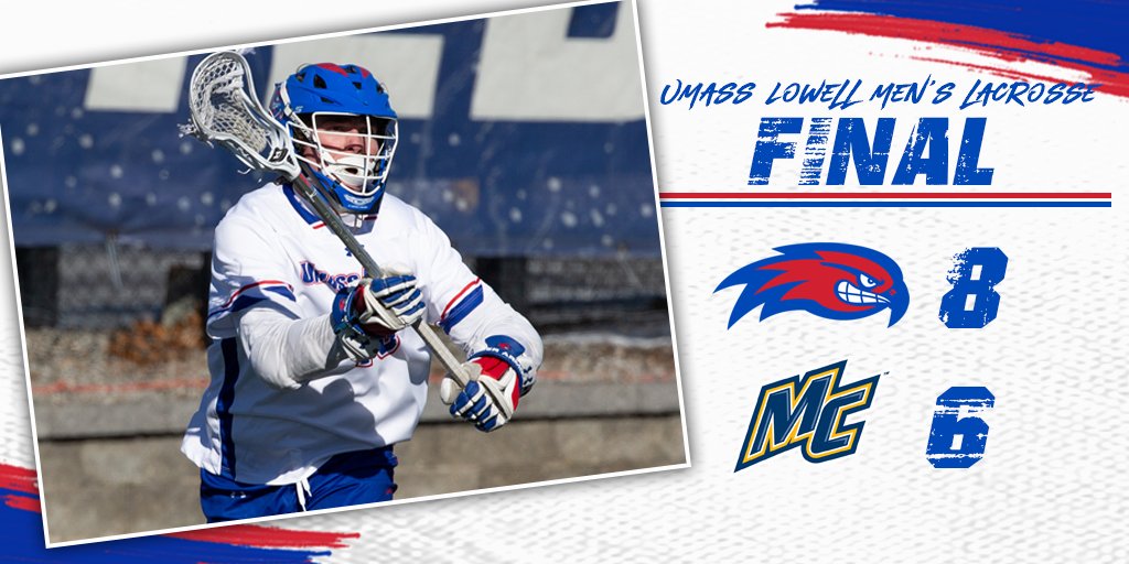 RiverHawkMLax's tweet photo. FINAL: #RiverHawks earn their 3rd win of the season on Saturday at Merrimack... Matt Murakami with a career-high 17 saves in his 1st career win for #UMassLowell and 2 goals apiece from Conor Foley and Kyle LaForge #UnitedInBlue #AEMLAX https://t.co/p7f0nx9OFU