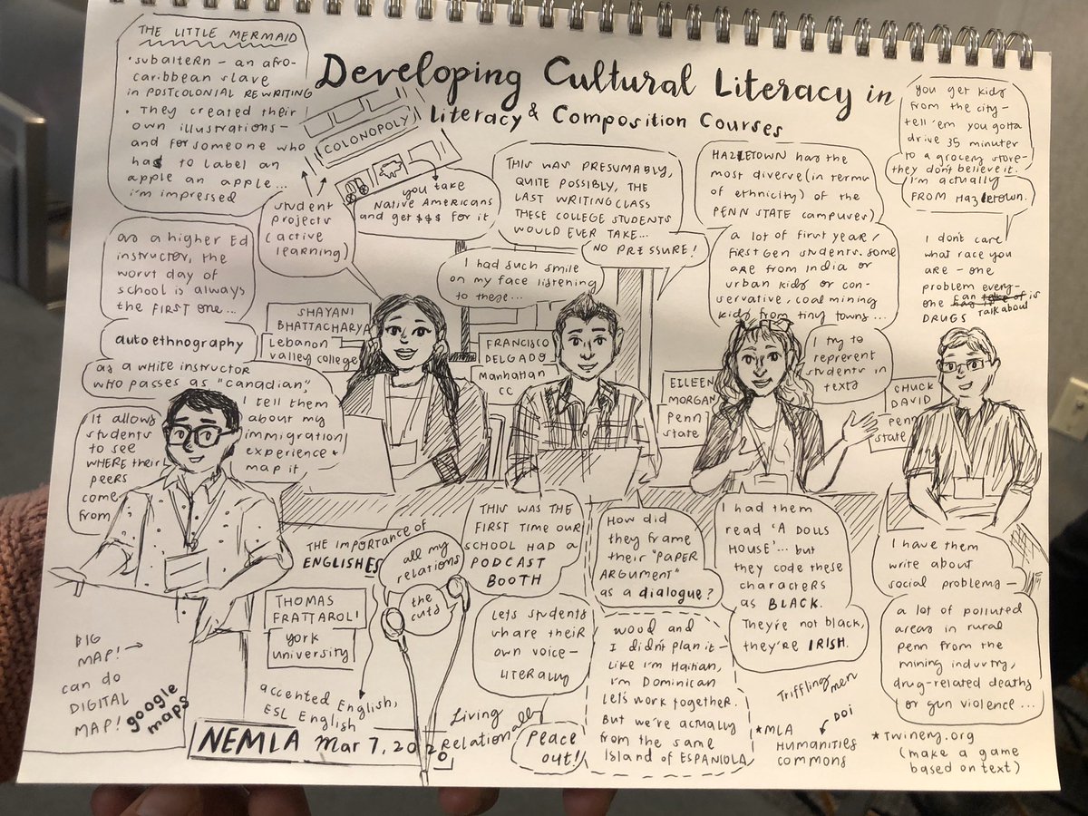 QuinataDelgado's tweet image. Great @northeastMLA roundtable on Cultural Literacies in the Classroom! Packed room, great Q&amp;amp;A! And this excellent illustration of us by @angel_trazo!