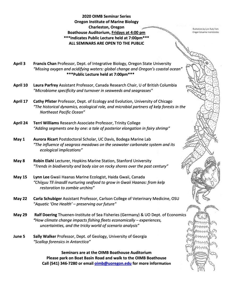 awegalloway's tweet photo. I am very pleased to announce the @UO_OIMB 2020 Spring Seminar series! We have an amazing group of scientists coming to the southern Oregon Coast this spring! All seminars are open to the public. Generally Fridays at 4 pm at #OIMB. See the poster for details. https://t.co/ZPLxcWHjFQ