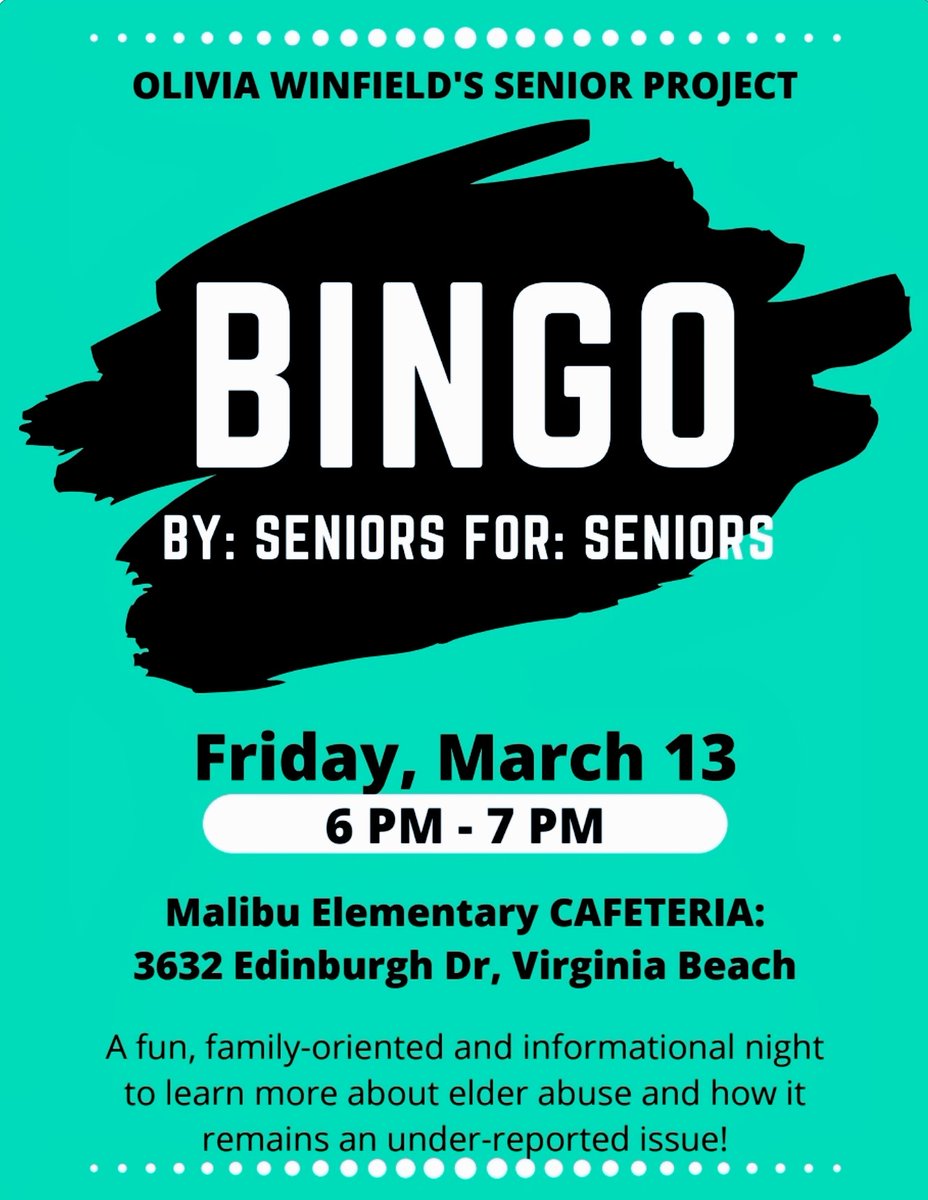 win_4olivia's tweet photo. Learn more about elder abuse and how you can help raise awareness! I will be giving a presentation on my senior project topic, there will be a guest speaker from the Alzheimer's Association, and everyone can play bingo to finish out the night! #byseniors4seniors https://t.co/mHnqMitoJY