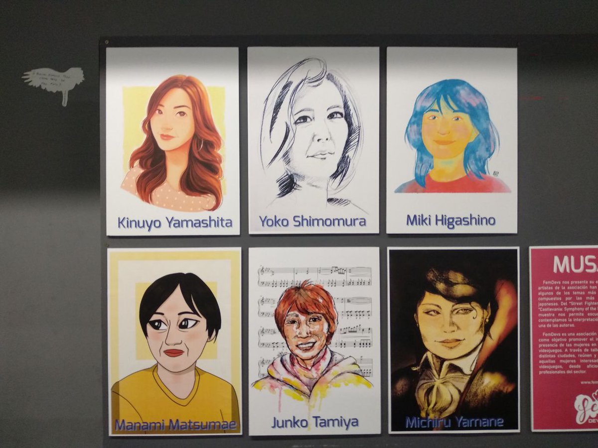 FemDevs's tweet photo. Y además, los retratos de las compositoras. De izquierda a derecha y de arriba a abajo: Kinuyo Yamashiya de Alejandra Aguado, Yoko Shimomura de @IsiAngeath, Miki Higashino de @Lynx_Moon, Matsumae de @NarilGVB, Junko Tamiya de Ana Guillén y Michiru de Pilar Palomeque. https://t.co/9ol1VyOVw9