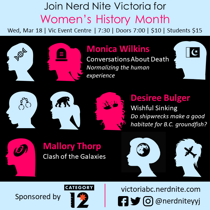 Special Nerd Nite on March 18th on Women's history month! Talks on galaxies, death and BC fish. #nerdtalk #nerdnite  #thingstodoinvictoria  #geektalk #cdnsci #scicomm #science #scienceevents #victoriabuzz #victoriabc #victoriaeventcentre #victoriaevents #yyjbeer #yyjevents