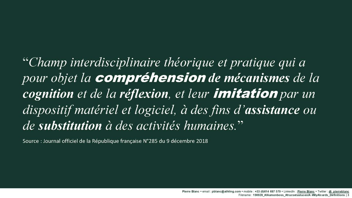 _pierreblanc's tweet photo. @CMoulinSchwartz @digital_ladies @42born2code @olivierfrigara @EtClaude @MagicMakersAt @benoitraphael @JniniSamia @AtosFR @JasmineAnteunis @SAPCAI @Atos_Security L'#intelligenceartificielle #IA? Ah la question qui gratte. Une réponse? Très simple = 2 définitions officielles dont une parue au JO le 9 décembre 2018...
#IAamonboss https://t.co/xcQ4eQWAGh